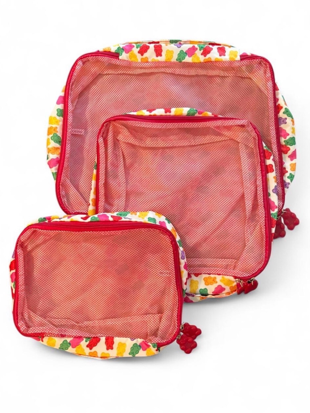 Gummy Bear Mesh Packing Cubes with multicolored gummy bear print. Set of 3